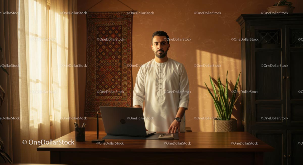 Man Standing at Desk in Sunlit Home Office