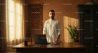 Man Standing at Desk in Sunlit Home Office