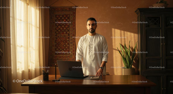 Man Standing at Desk in Sunlit Home Office