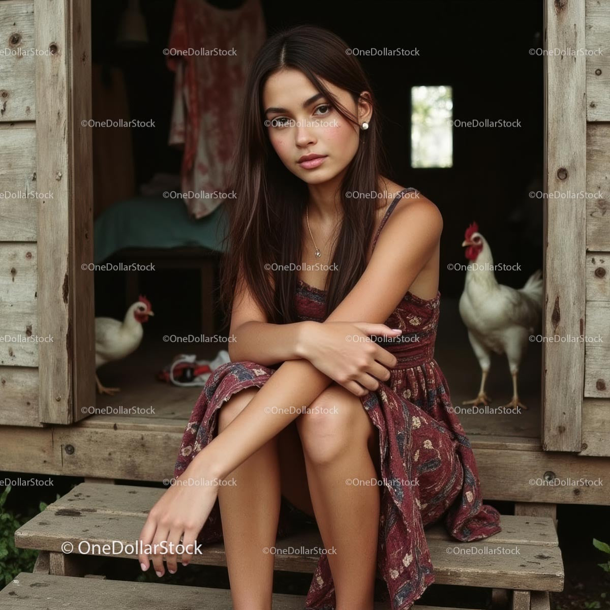 Young Woman Relaxing on Wooden Porch with Chickens