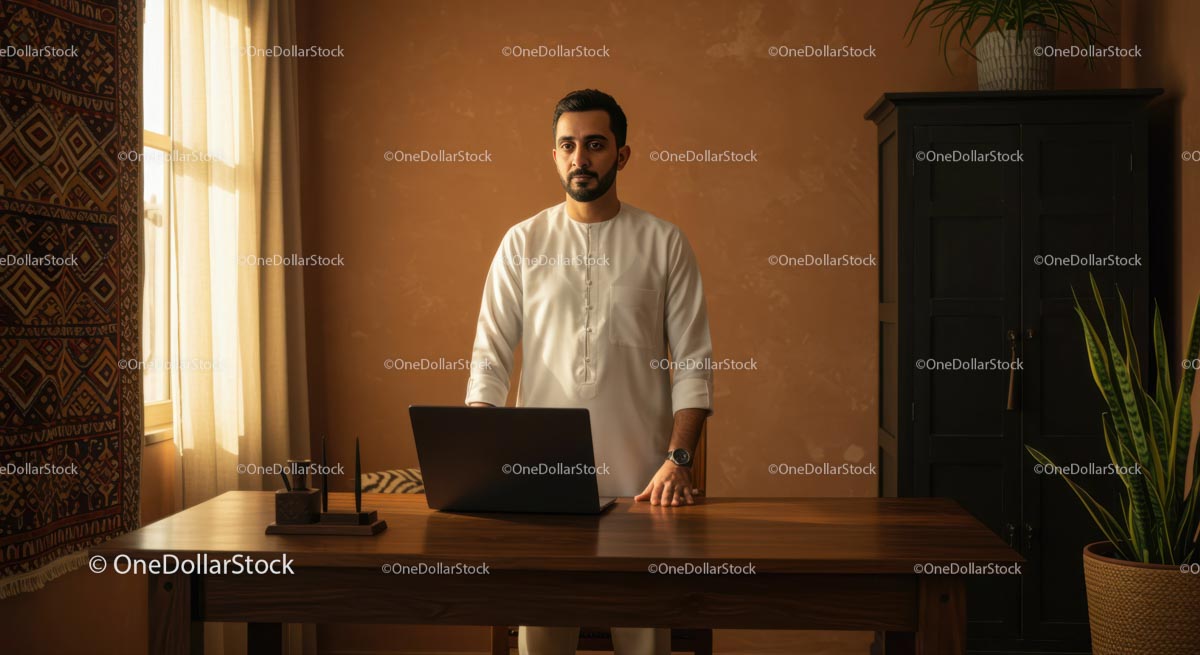 Man in Traditional Attire with Laptop in Warm Office