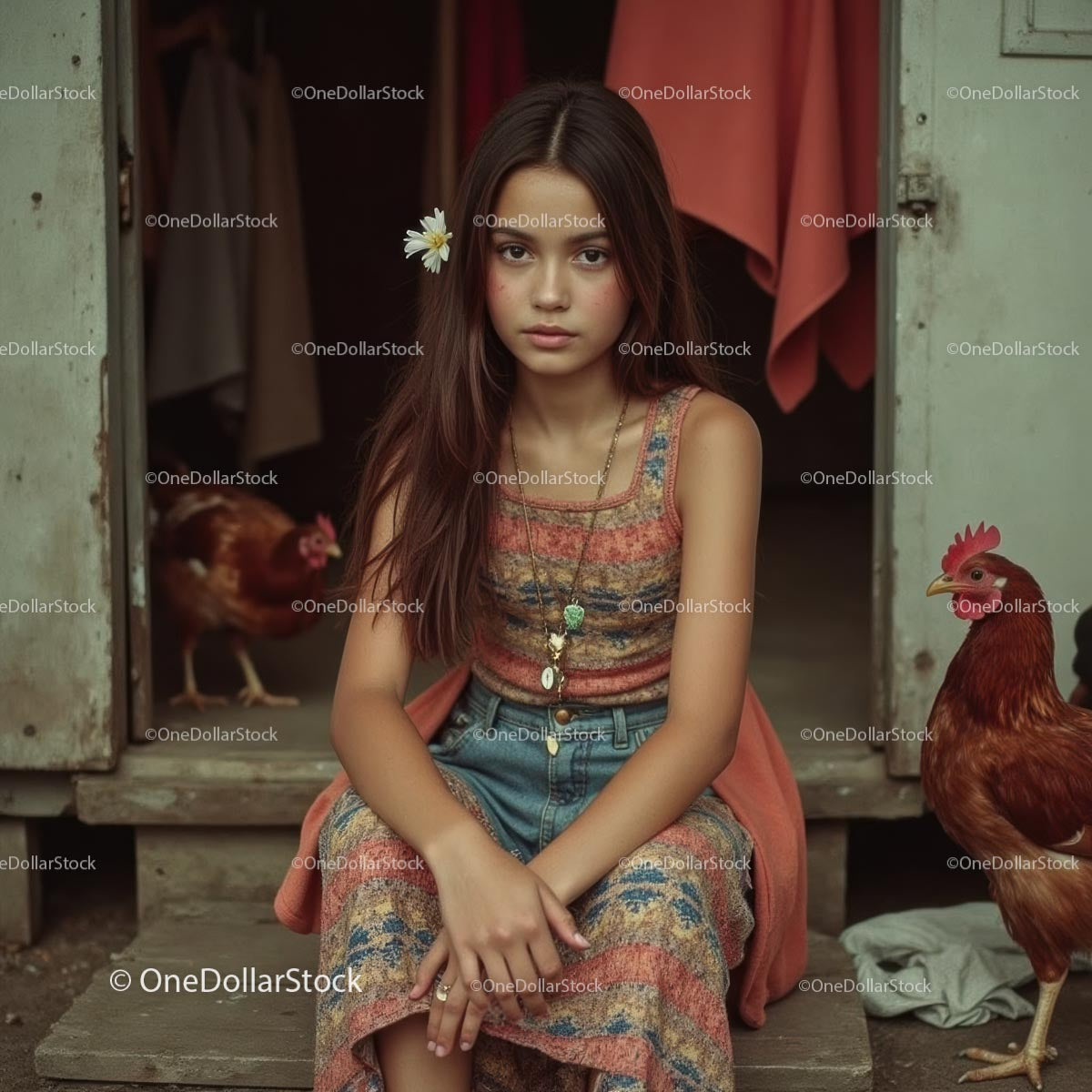 Young Girl with Chicken in Rustic Countryside Setting