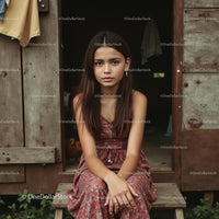Young Girl Sitting in Front of Rustic Wooden Cabin
