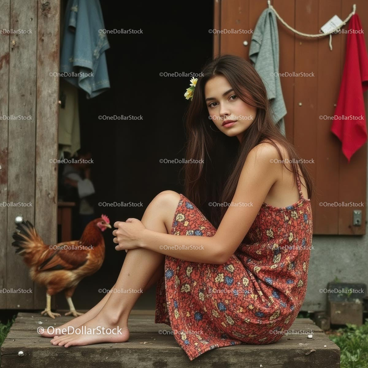 Young Woman in Floral Dress Sitting by Rustic Cabin