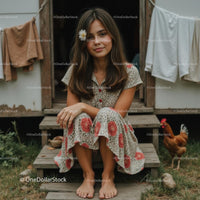 Young Woman in Floral Dress Sitting on Rustic Steps