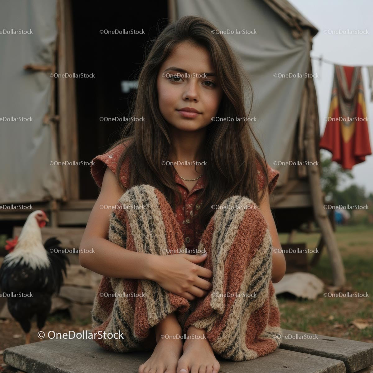 Young Girl in Rural Setting with Rooster