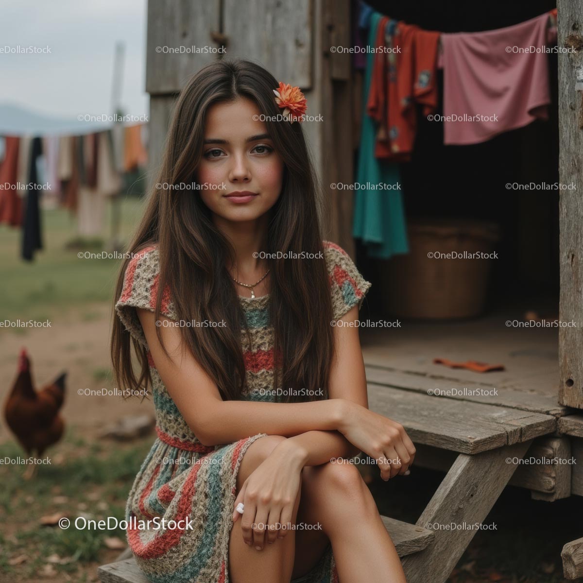 Girl in Colorful Dress Relaxing in Rustic Countryside Setting