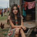 Girl in Colorful Dress Relaxing in Rustic Countryside Setting