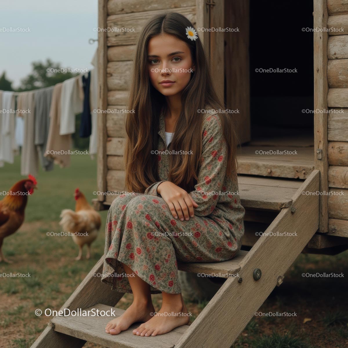 Young Girl in Floral Dress on Rustic Cabin Steps