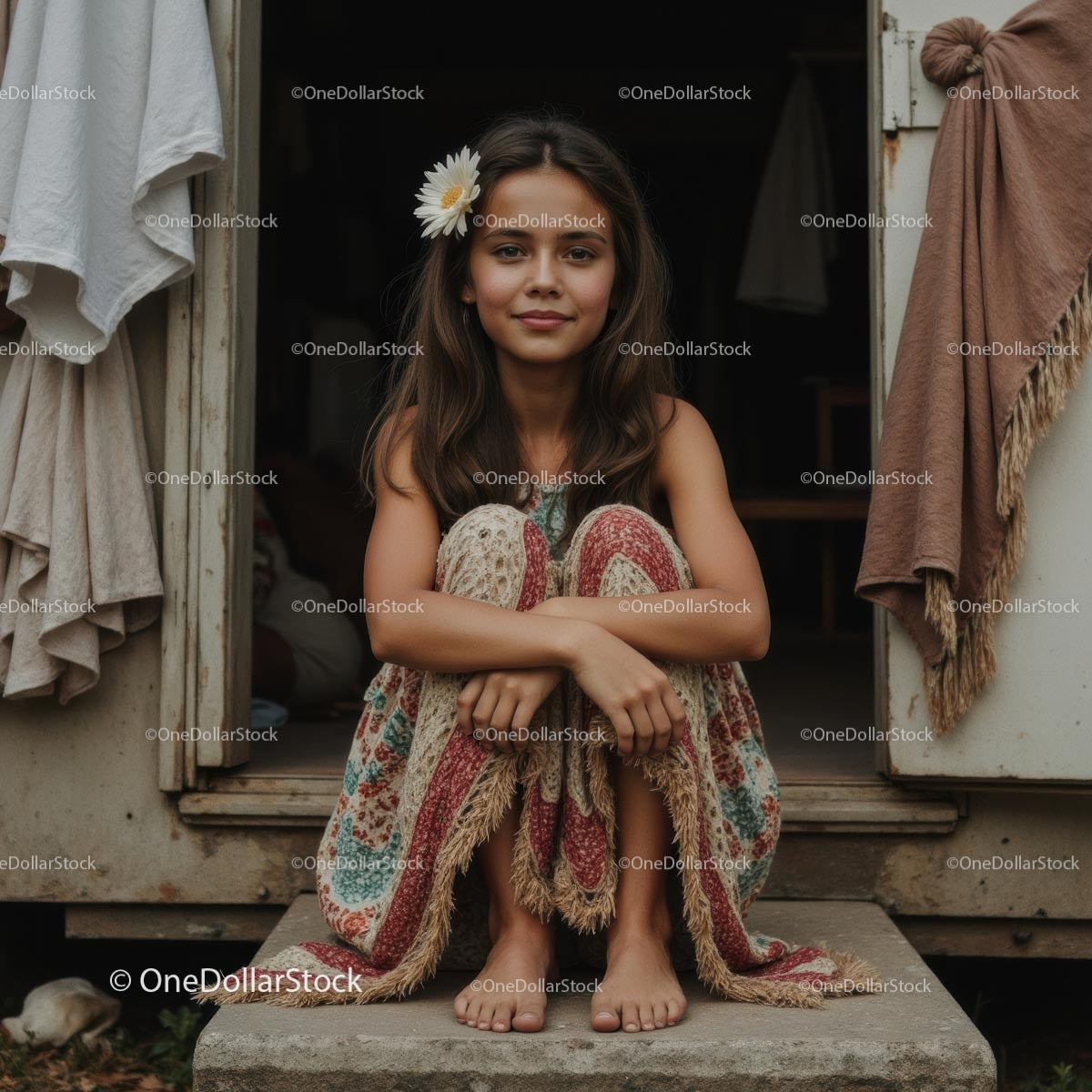 Young Girl with Daisy Hair Accessory Sitting on Porch
