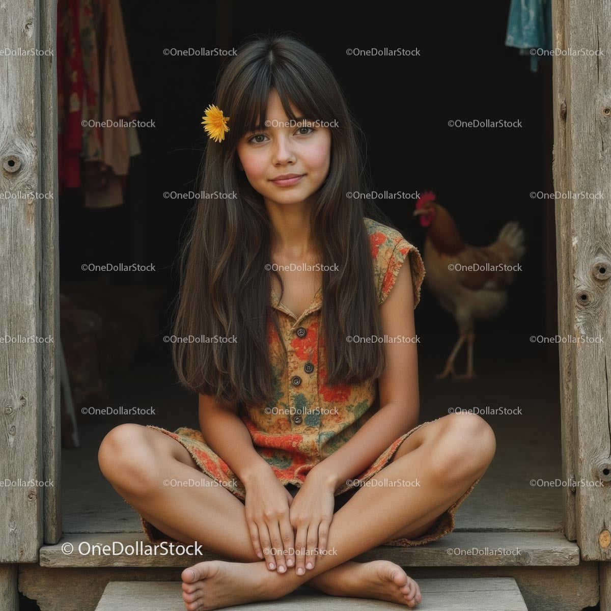 Girl with Flower in Hair Sitting in Rustic Environment