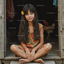 Girl with Flower in Hair Sitting in Rustic Environment