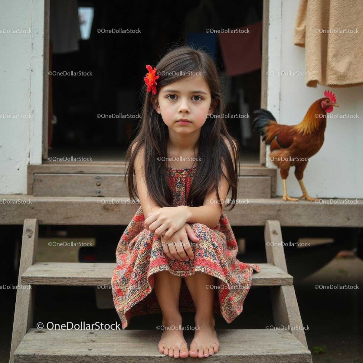 Little Girl in Summer Dress Sitting by Rooster