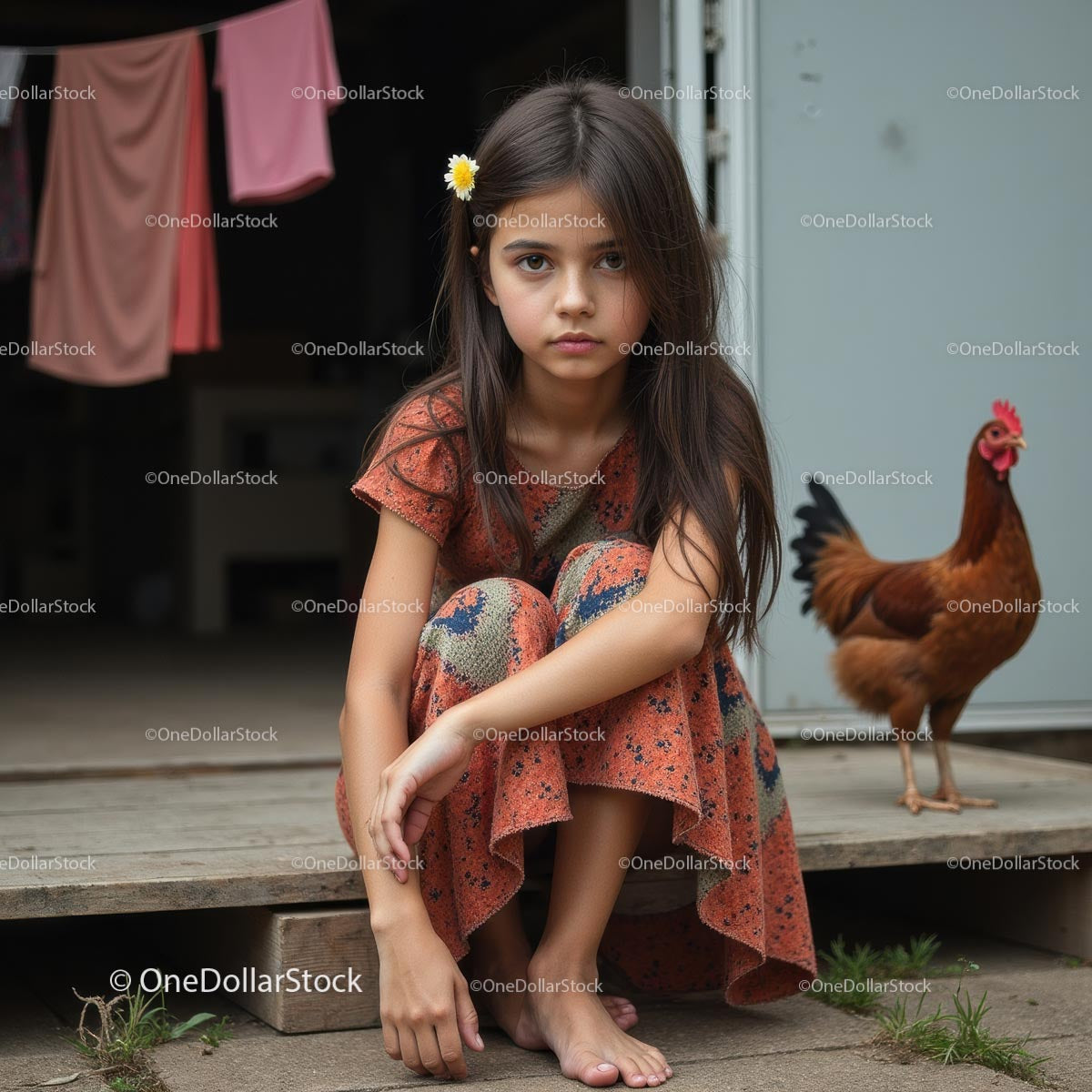 Young Girl in Floral Dress with Chicken at Rustic Farmhouse