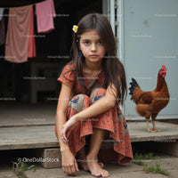 Young Girl in Floral Dress with Chicken at Rustic Farmhouse
