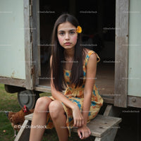 Young Woman in Floral Dress with Sunflower Hair Clip