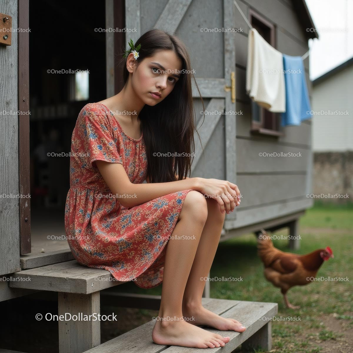 Young Woman in Floral Dress Relaxing by Barn