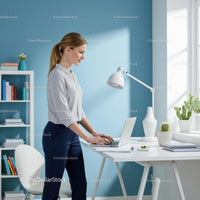 Contemporary Home Office with Standing Desk and Blue Wall