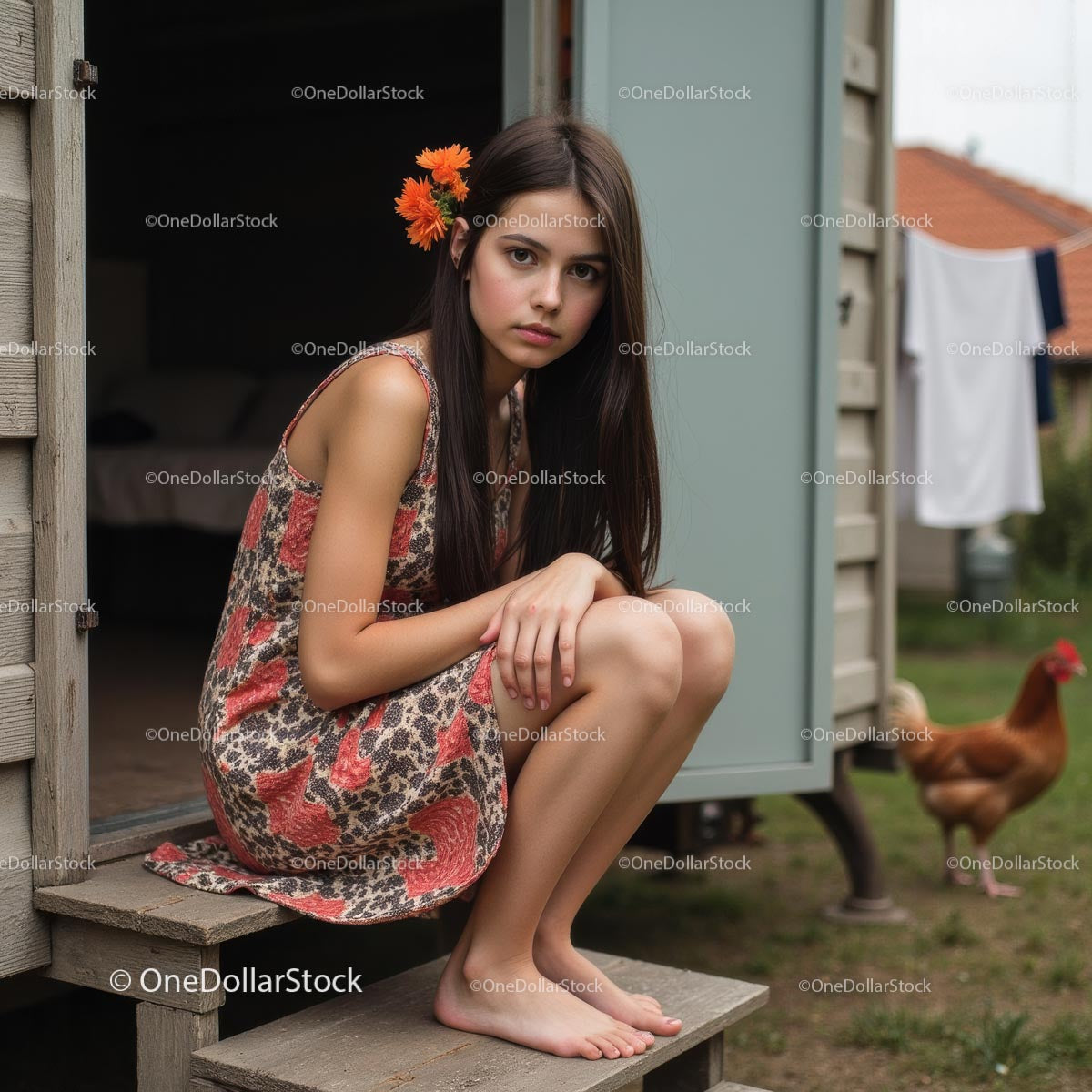 Young Woman with Orange Flower in Rustic Countryside Setting