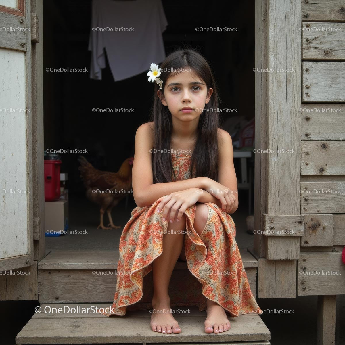 Young Girl in Floral Dress Sitting on Rustic Wooden Porch