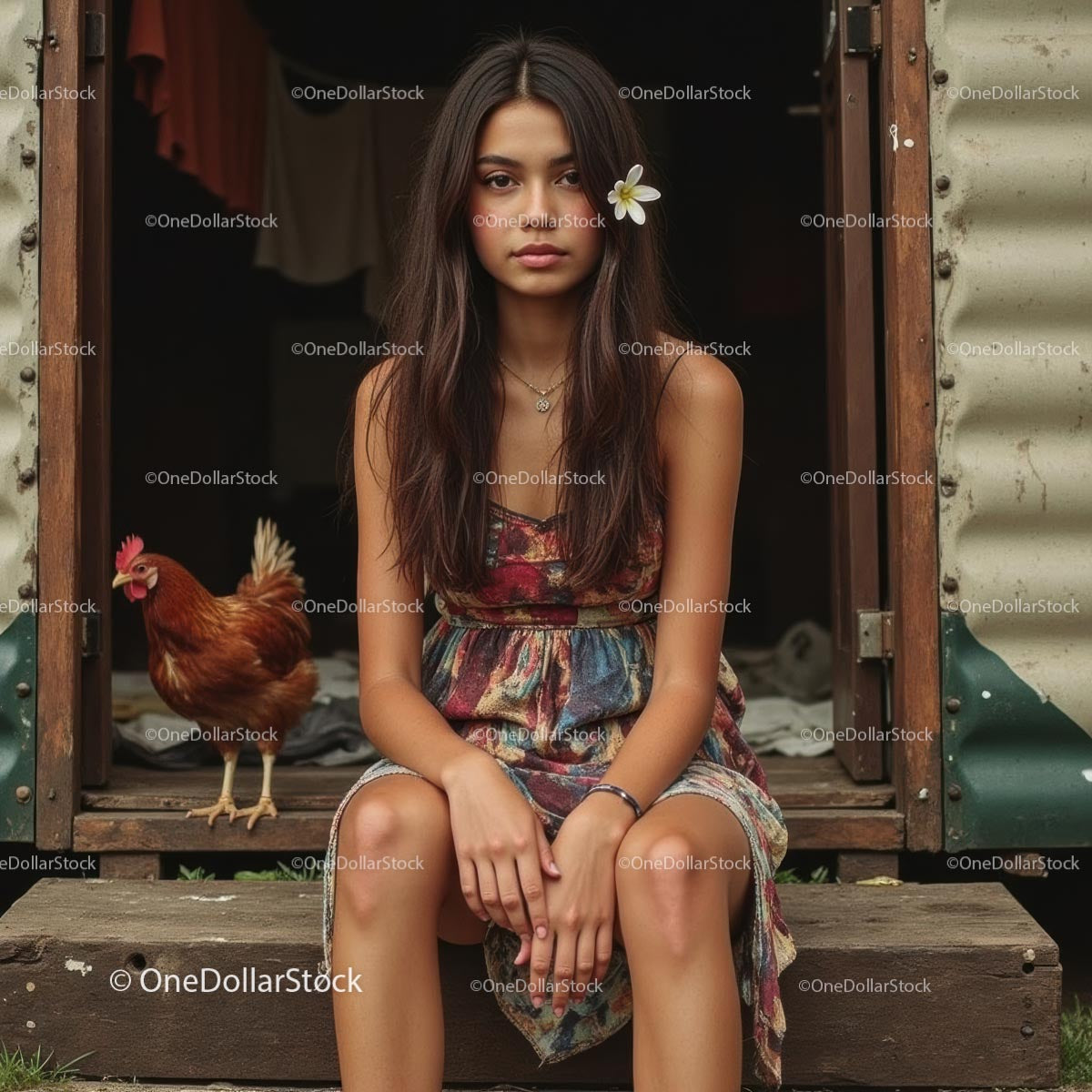 Young Woman in Colorful Dress with Chicken at Rustic Setting