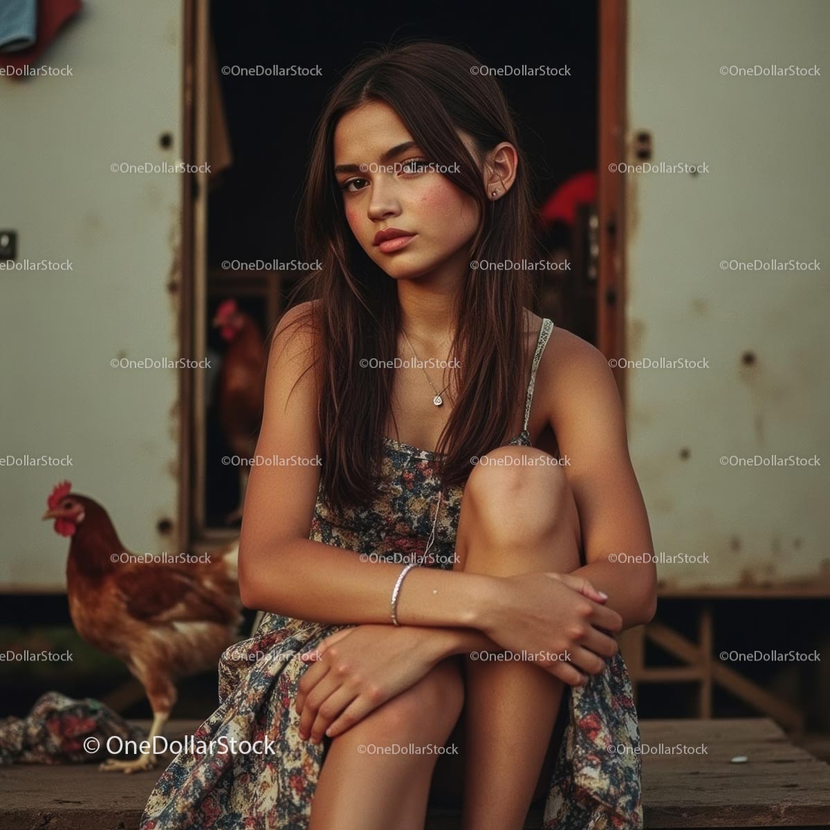 Young Woman in Floral Dress Sitting Near Brown Hen