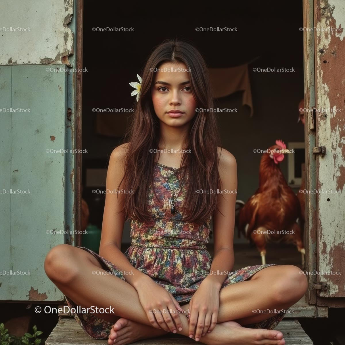 Young Woman Sitting Peacefully in Rustic Farm Setting