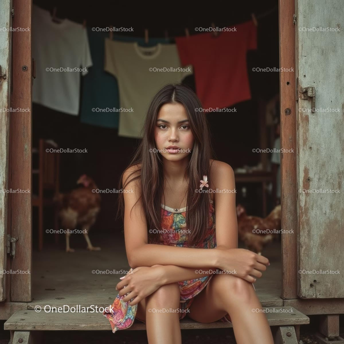 Young Woman in Colorful Dress Sitting in Rustic Doorway