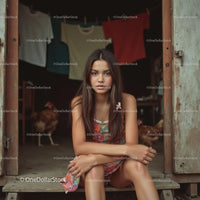 Young Woman in Colorful Dress Sitting in Rustic Doorway