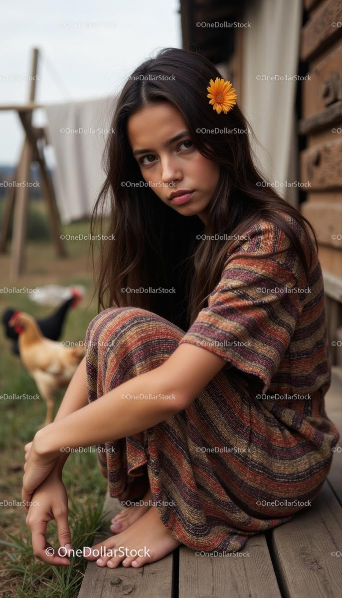 Pensive Woman in Bohemian Attire with Marigold Flower