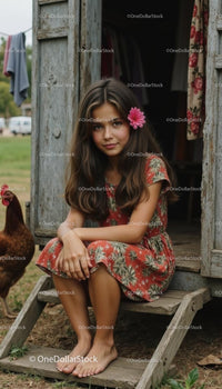 Young Girl in Floral Dress Sitting on Wooden Steps