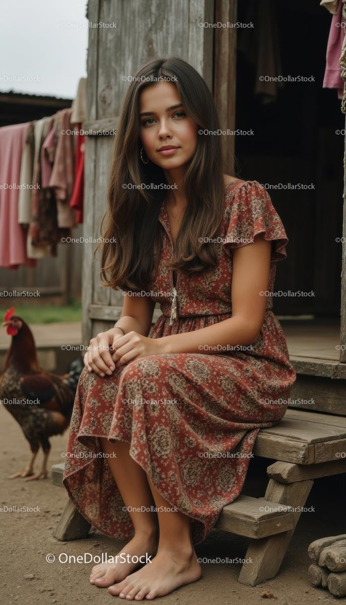 Young Woman in Rustic Dress Sitting on Wooden Porch