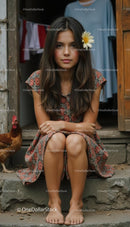 Young Woman with Daisy Sitting on Rustic Steps