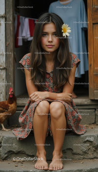 Young Woman with Daisy Sitting on Rustic Steps