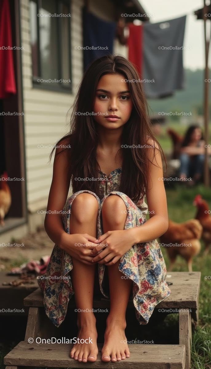 Thoughtful Girl in Floral Dress Sitting on Rural Steps