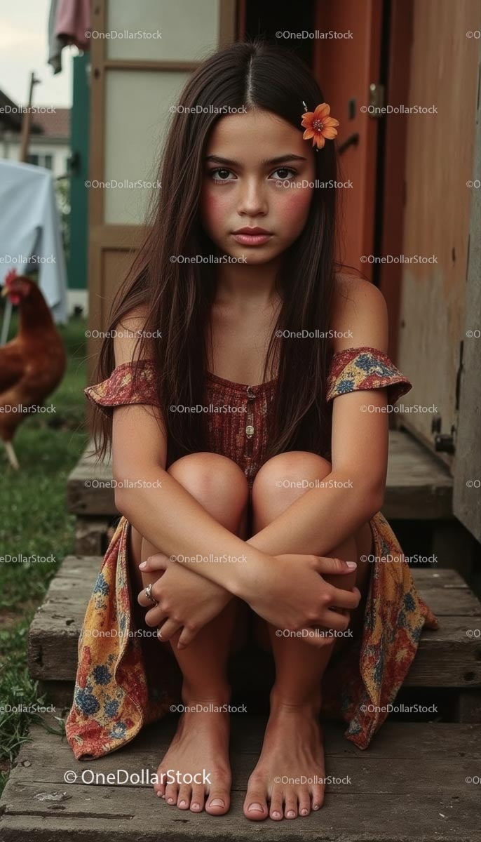 Young Girl with Floral Accessory in Rustic Setting