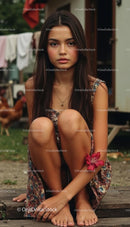 Young Woman Sitting Outdoors with Red Flower