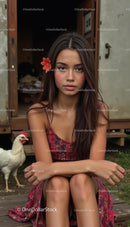 Young Woman with Floral Accessory and White Chicken
