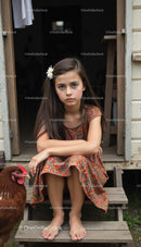 Thoughtful Girl in Floral Dress with Rustic Charm