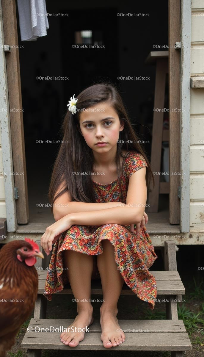 Thoughtful Girl in Floral Dress with Rustic Charm