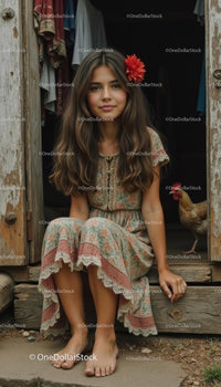 Young Girl in Floral Dress with Red Flower in Hair