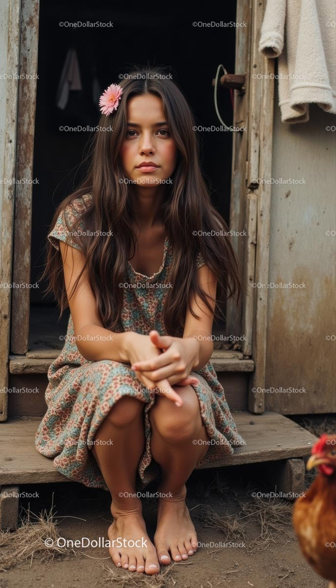 Young Woman in Floral Dress with Flower in Hair