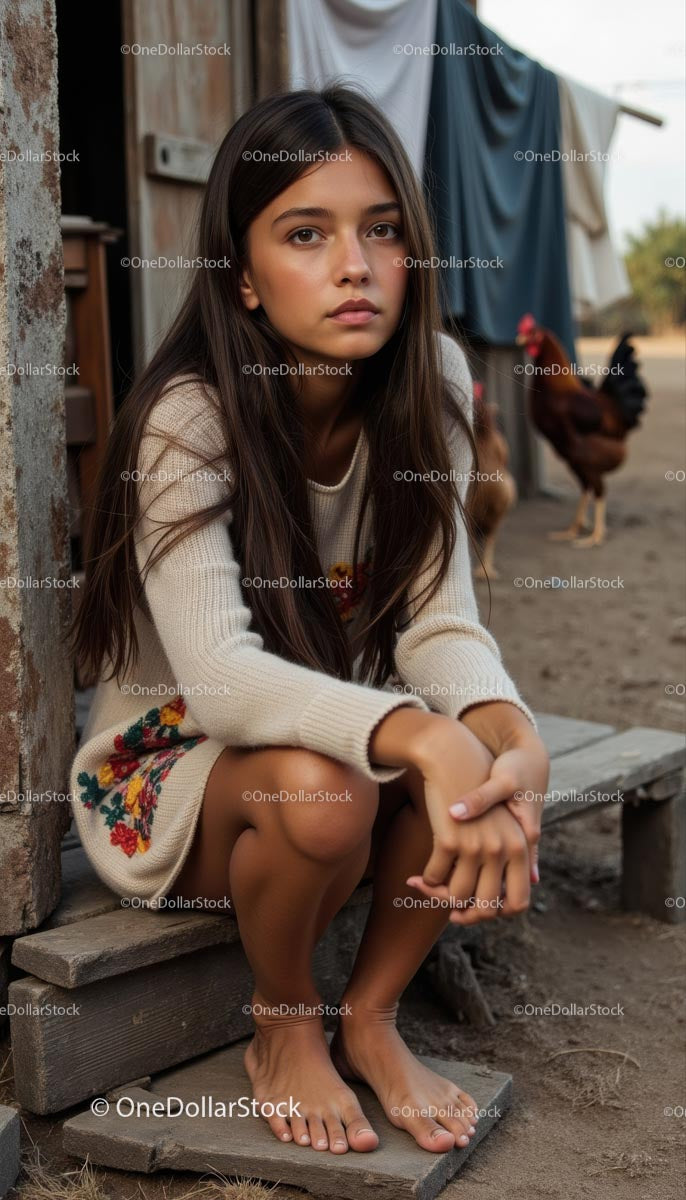 Thoughtful Young Girl Sitting in Rustic Countryside Setting