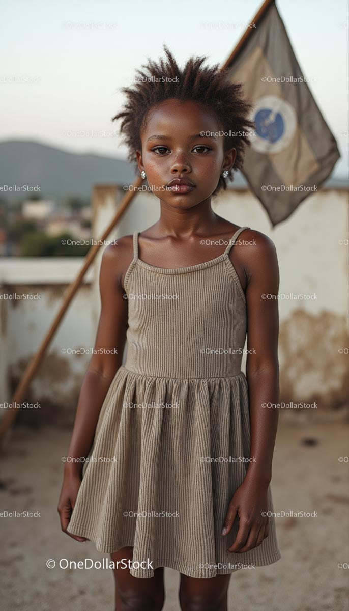 Young Girl in Beige Dress with Rooftop Backdrop