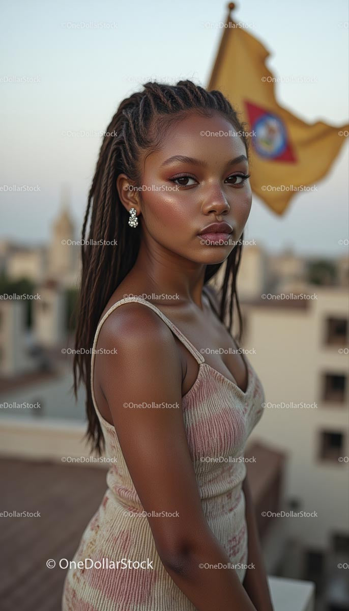 Elegant Woman in Stylish Dress on Rooftop at Sunset