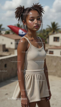 Stylish Young Woman Posing Outdoors in Beige Summer Dress