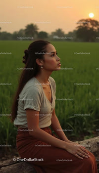 Thoughtful Young Woman Sitting at Sunset in Green Field