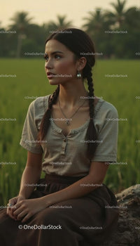 Contemplative Woman with Braids in a Serene Green Field