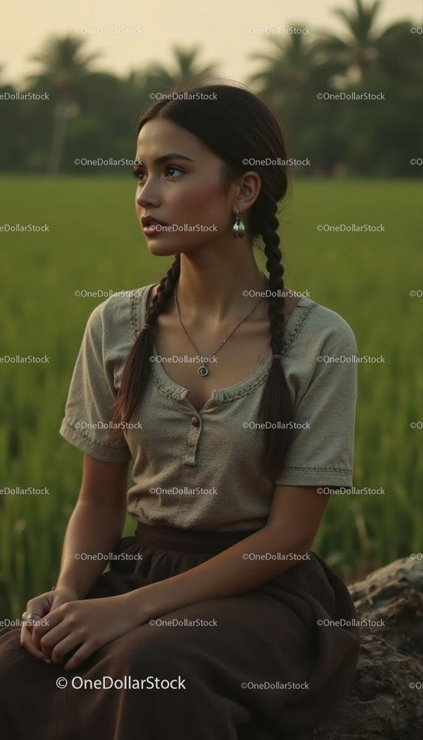 Contemplative Woman with Braids in a Serene Green Field