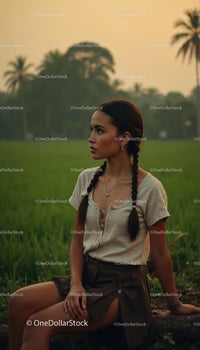 Young Woman with Braided Hair in Sunset Fields
